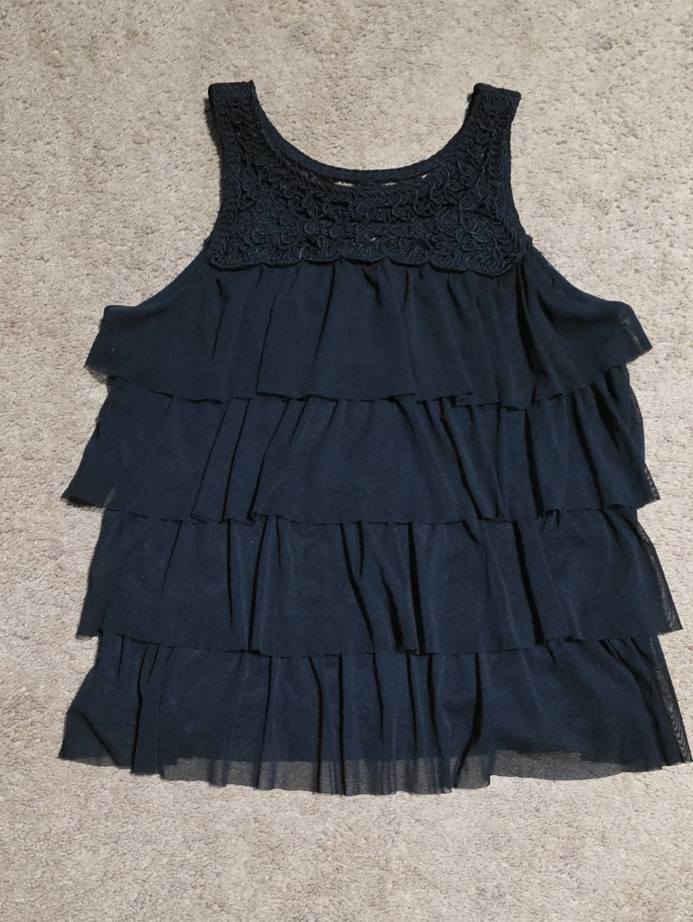 Forever 21 Black Tiered Ruffle Tank with Crochet Yoke Size L